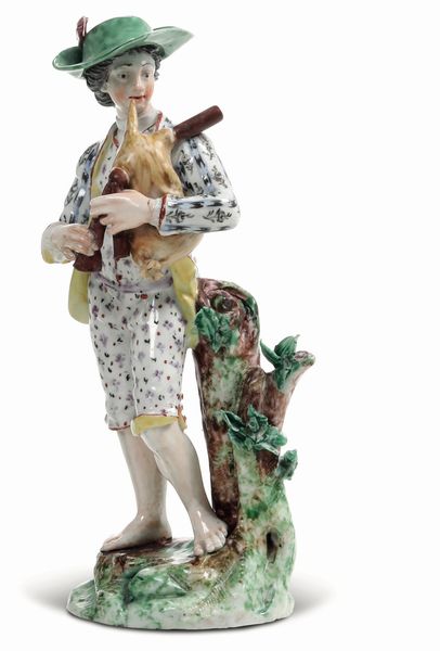 Figurina di zampognaro <BR>Nove, Manifattura Antonibon, gestione Parolin, 1781-1802<BR>Modello di Domenico Bosello<BR>  - Asta Maioliche, Porcellane e Figure Venete di un Collezionista Veneziano - Associazione Nazionale - Case d'Asta italiane