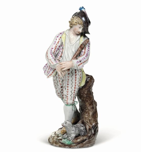 Figurina di pifferaio<BR>Nove, Manifattura Antonibon, gestione Parolin, 1781-1802<BR>Modello di Domenico Bosello  - Asta Maioliche, Porcellane e Figure Venete di un Collezionista Veneziano - Associazione Nazionale - Case d'Asta italiane