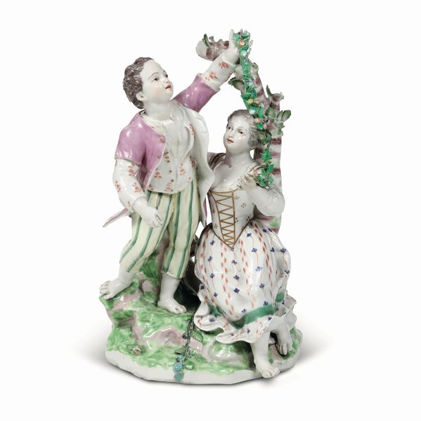 Gruppo allegoria della Primavera<BR>Este, probabilmente Manifattura Costa-Fabris, fine del XVIII secolo  - Asta Maioliche, Porcellane e Figure Venete di un Collezionista Veneziano - Associazione Nazionale - Case d'Asta italiane