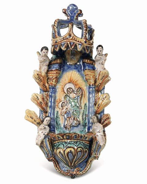 Acquasantiera Napoli o Ischia, fine del XVIII secolo<BR>  - Asta Maioliche, Porcellane e Figure Venete di un Collezionista Veneziano - Associazione Nazionale - Case d'Asta italiane