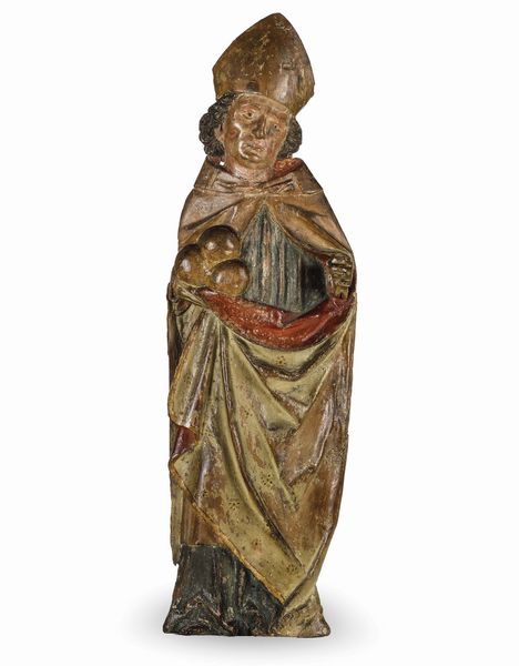 San Nicola. Rilievo in legno policromo. Arte austriaca o tirolese del XVI secolo  - Asta Scultura e Oggetti d'Arte - Associazione Nazionale - Case d'Asta italiane