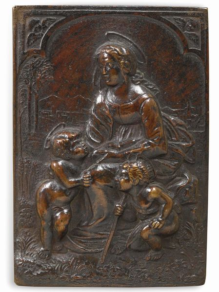 Placchetta raffigurante Madonna con Bambino e San Giovannino. Fonditore rinascimentale italiano del XVI secolo  - Asta Scultura e Oggetti d'Arte - Associazione Nazionale - Case d'Asta italiane