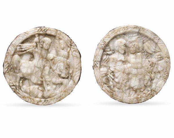 Coppia di bassorilievi raffiguranti San Giorgio e scena religiosa. Scultore d'oltralpe del XVI secolo  - Asta Scultura e Oggetti d'Arte - Associazione Nazionale - Case d'Asta italiane