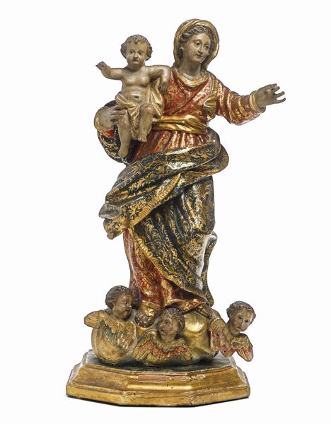 Madonna con Bambino (Madonna del Carmine). Arte barocca genovese del XVII-XVIII secolo. Scuola di Anton Maria Maragliano (Genova 1664-1739)  - Asta Scultura e Oggetti d'Arte - Associazione Nazionale - Case d'Asta italiane
