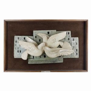 GIORDANO TRONCONI - Le colombe, scultura in forma in ceramica policroma