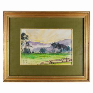 Lotto di 2 paesaggi ad acquarello su carta ed 1 disegno concettuale figurato su carta  - Asta Smart Auction: arredo, dipinti, sculture, argenti e altro a prezzi vantaggiosi - Associazione Nazionale - Case d'Asta italiane