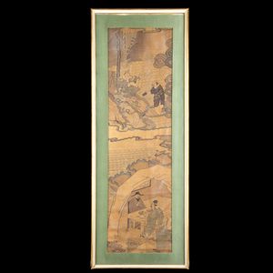 DUE PANNELLI IN SETA KESI CON COMPOSIZIONI DI FIGURE NEL PAESAGGIO  - Asta Arte asiatica e tribale  - Associazione Nazionale - Case d'Asta italiane