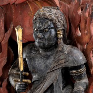 SCULTURA IN LEGNO LACCATO, DIPINTO E PARZIALMENTE DORATO CON FUDO MYOO  - Asta Arte asiatica e tribale  - Associazione Nazionale - Case d'Asta italiane