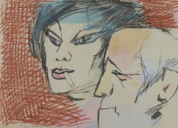 MINO MACCARI : Autoritratto con donna che fuma  - Asta Arte Moderna, Contemporanea, '800 e '900 - Associazione Nazionale - Case d'Asta italiane