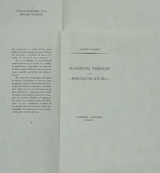 MARINO PARENTI : Manzoni, Firenze e la Risciacquatura.  - Asta Libri, autografi e manoscritti - Associazione Nazionale - Case d'Asta italiane