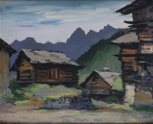FELICE VELLAN Torino 1889 - 1976 : Case rustiche a Perrias (Val d'Ayas - Aosta) 1955  - Asta Dipinti - Associazione Nazionale - Case d'Asta italiane