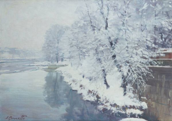 SILVIO BRUNETTO San Maurizio Canavese (TO) 1932 : Neve sul Po  - Asta Dipinti - Associazione Nazionale - Case d'Asta italiane