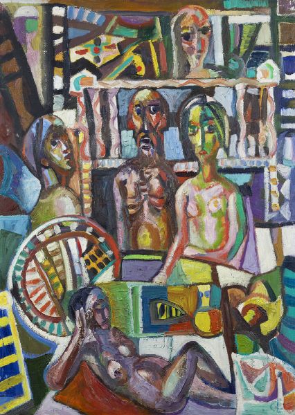 CARLO LORO Lonigo (VI) 1915 - 2002 Torino : Interno con nudi 1969  - Asta Dipinti - Associazione Nazionale - Case d'Asta italiane