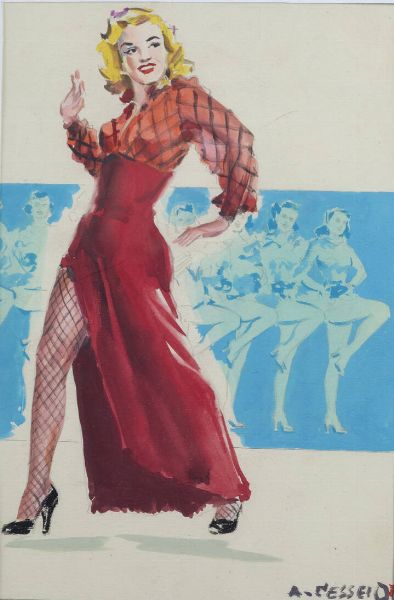 ANGELO CESSELON Settimo di Cinto Caomaggiore 1922  Velletri 1992 : Signora in rosso  - Asta Dipinti - Associazione Nazionale - Case d'Asta italiane