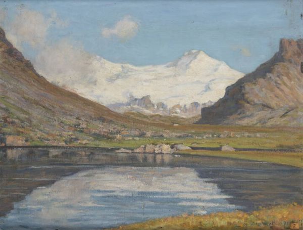 GIULIO SOMMATI DI MOMBELLO Chieri (TO) 1858 - 1944 : Paesaggio montano con laghetto 1919  - Asta Dipinti - Associazione Nazionale - Case d'Asta italiane