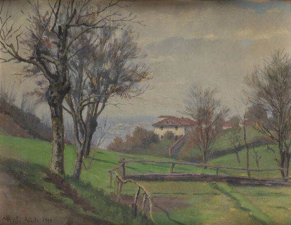 CAMILLO MERLO Torino 1856 - 1931 : Primavera in collina aprile 1919  - Asta Dipinti - Associazione Nazionale - Case d'Asta italiane