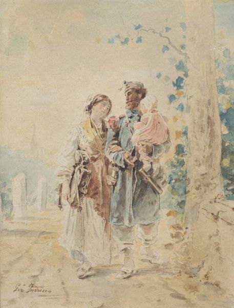 INDUNO GEROLAMO (Attribuito) Milano 1825 - 1890 : Il ritorno del soldato  - Asta Dipinti - Associazione Nazionale - Case d'Asta italiane