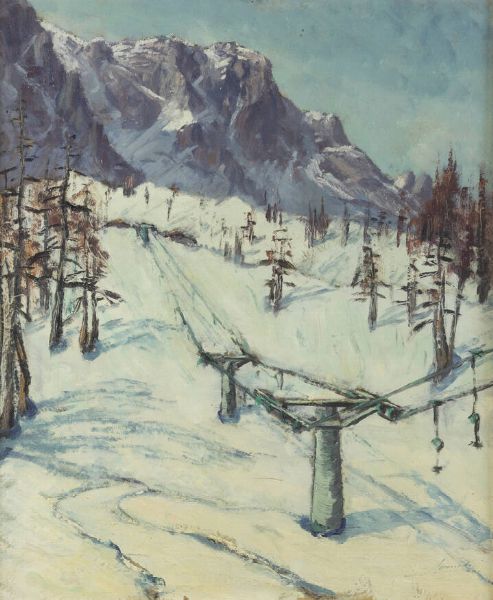 PITTORE NON IDENTIFICATO : Verso la Grand Hoche (La seggiovia Grand Hoche)  - Asta Dipinti - Associazione Nazionale - Case d'Asta italiane