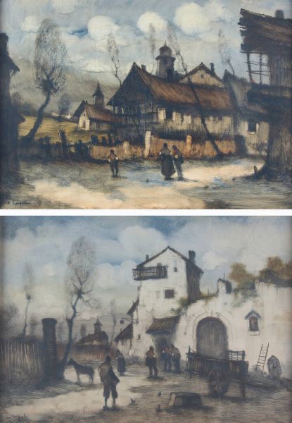 LUCIO CARGNEL Treviso 1903 -1998 Milano : Coppia di dipinti raffiguranti contadini nell'aia  - Asta Dipinti - Associazione Nazionale - Case d'Asta italiane