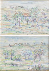 CARLO TERZOLO Incisa Scapaccino (AT) 1904 - 1975 Torino - Coppia di quadretti raffiguranti paesaggi collinari 1966