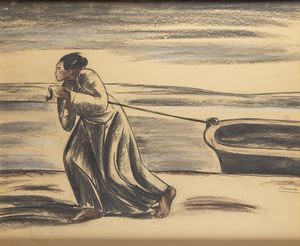 PIETRO MORANDO Alessandria 1892 - 1980 - Figura che traina una barca