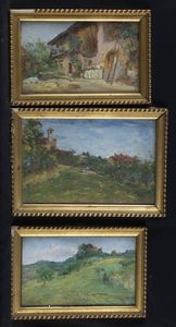 CESARE BISCARRA Torino 1866 - 1943 - a. Paesaggio b. Veduta di casa di campagna con cortile c- Paesaggio