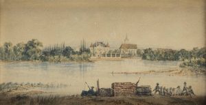 PITTORE ANONIMO DEL XIX SECOLO - Paesaggio fluviale con figure