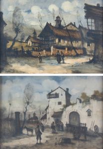 LUCIO CARGNEL Treviso 1903 -1998 Milano - Coppia di dipinti raffiguranti contadini nell'aia