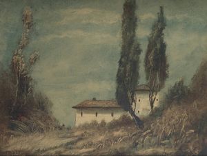CORRADO FILIPPA Agliano (AT) 1893 - Torino 1974 - Paesaggio collinare con cipressi