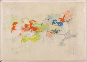 Anonimo del XX secolo - Dipinto ad olio su carta (blu arancione giallo ecc)