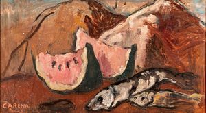 Felice Carena - Natura morta con cocomero e pesci