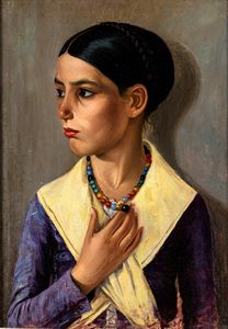 Anonimo del XX secolo - Ritratto di donna con collana di perle