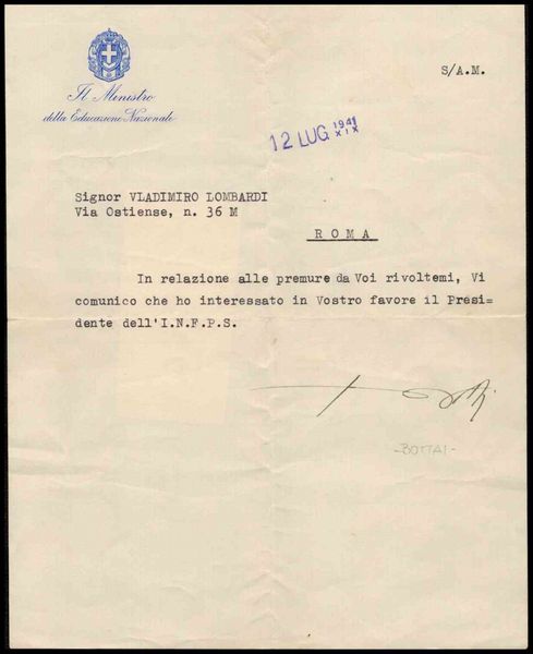 Lettera dattiloscritta firmata Bottai  - Asta Militaria, Medaglie e Ordini Cavallereschi - Associazione Nazionale - Case d'Asta italiane