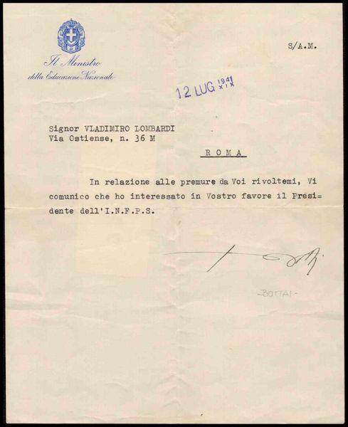 Lettera dattiloscritta firmata Bottai  - Asta Militaria, Medaglie e Ordini Cavallereschi - Associazione Nazionale - Case d'Asta italiane