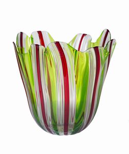 Fulvio Bianconi per Venini - Vaso fazzoletto a canne verde erba, rosso e cristallo