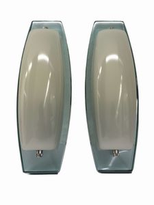 FONTANA ARTE - Coppia di applique in vetro opalino bianco e cristallo colorato e molato