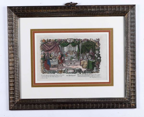 Martin Endelbrecht (1684-1756) I cinque sensi. Serie completa di incisioni originali a bulino, con coloritura coeva. Met� secolo XVIII  - Asta Antiquariato - Associazione Nazionale - Case d'Asta italiane