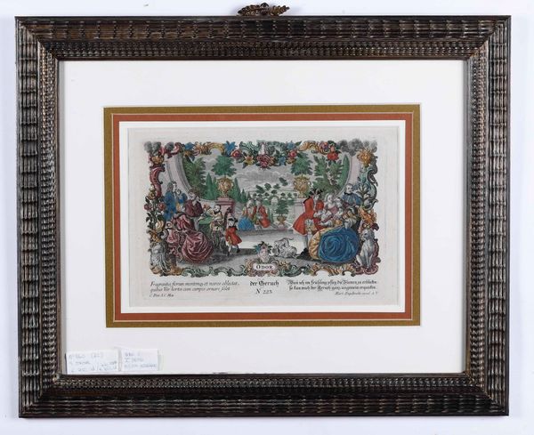 Martin Endelbrecht (1684-1756) I cinque sensi. Serie completa di incisioni originali a bulino, con coloritura coeva. Met� secolo XVIII  - Asta Antiquariato - Associazione Nazionale - Case d'Asta italiane