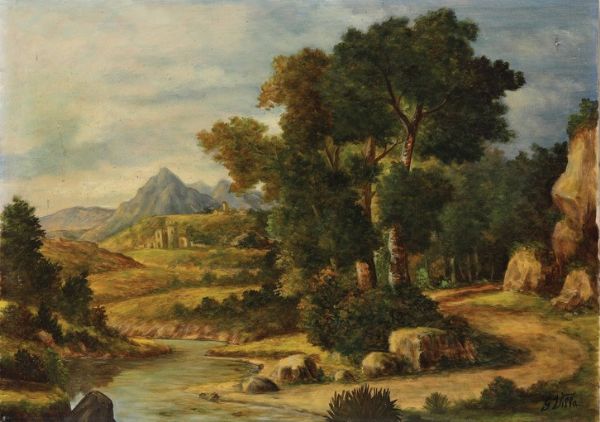 Anonimo del XIX-XX secolo Paesaggio con fiume  - Asta Antiquariato - Associazione Nazionale - Case d'Asta italiane