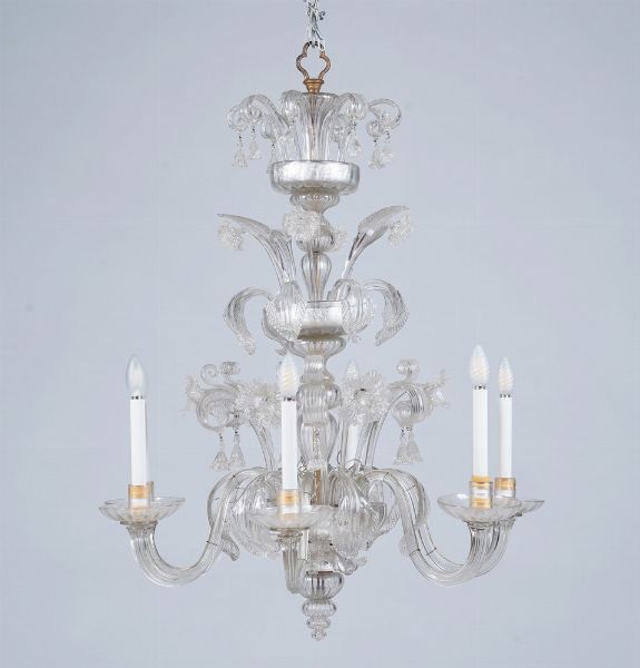 Lampadario in vetro di Murano a sei luci. XX secolo  - Asta Antiquariato - Associazione Nazionale - Case d'Asta italiane