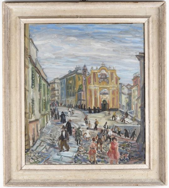 Dino Gambetti : Piazza con personaggi  - Asta Antiquariato - Associazione Nazionale - Case d'Asta italiane