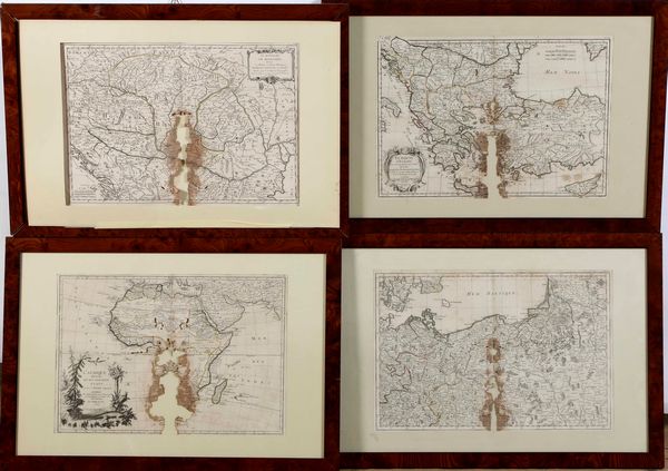 Quattro carte geografiche secolo XVIII, bruciature e difetti, entro cornice  - Asta Antiquariato - Associazione Nazionale - Case d'Asta italiane