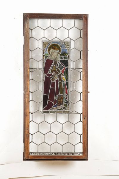 Coppia di ante con vetri piombati centrati da pannelli policromi con San Giorgio e Santa. Arte del Nord Europa, XIX secolo  - Asta Antiquariato - Associazione Nazionale - Case d'Asta italiane