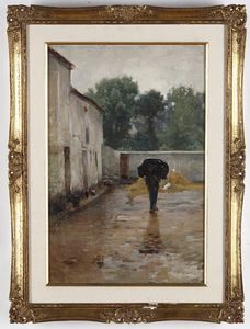 Anonimo - Dipinto con soggetto in terreno campestre sotto un cielo uggioso