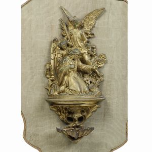 Léonard Morel-Ladeuil : Acquasantiera in bronzo dorato raffigurante Ges tra gli angeli  - Asta Antiquariato - Associazione Nazionale - Case d'Asta italiane