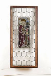 Coppia di ante con vetri piombati centrati da pannelli policromi con San Giorgio e Santa. Arte del Nord Europa, XIX secolo  - Asta Antiquariato - Associazione Nazionale - Case d'Asta italiane