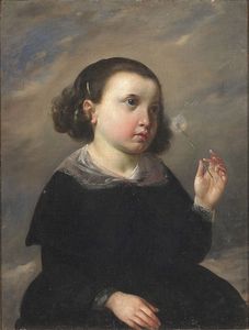 Scuola francese del XIX secolo - Bambina che soffia su un fiore bugia