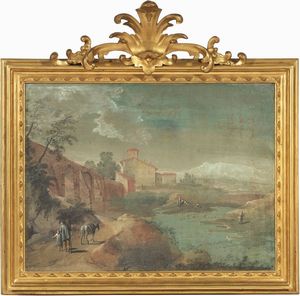 SCUOLA BOLOGNESE DEL XVIII SECOLO - Paesaggio fluviale con architettura e figure e Paesaggio fluviale con figure sulle rive