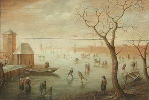 Scuola Fiamminga del XIX secolo - Paesaggio innevato con lago ghiacciato