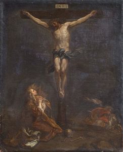 Scuola genovese del XVII secolo - Crocifissione con la Maddalena